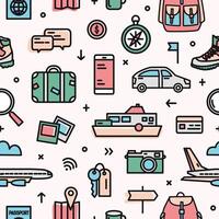 Colorful seamless pattern with transports, touristic and adventure travel tools and equipment on light background. Creative illustration in modern line art style for wrapping paper, backdrop vector