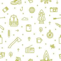 Seamless pattern with hiking and touristic equipment and tools for camping trip and travel drawn with green contour lines on white background. Monochrome illustration in trendy line art style vector
