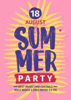 Summer beach party invitation or poster template with lettering handwritten against yellow exotic palm tree leaf on pink background. illustration for seasonal open air event announcement vector