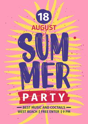 Summer beach party invitation or poster template with lettering handwritten against yellow exotic palm tree leaf on pink background. illustration for seasonal open air event announcement
