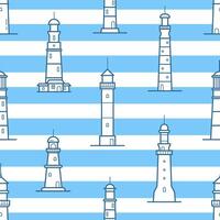 Seamless pattern with different lighthouses drawn with contour lines on striped background. Backdrop with towers for marine navigation. illustration for wrapping paper, fabric print, wallpaper vector
