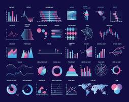 Collection of colorful charts, diagrams, graphs, plots of various types. Statistical data and financial information visualization. Modern illustration for business presentation, report vector