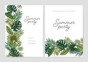 Set of summer party invitation, poster, flyer templates with borders made of green foliage of tropical plants and exotic palm tree leaves on white background and place for text. illustration. vector