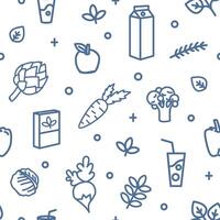 Monochrome seamless pattern with vegetables and healthy products drawn with contour lines on white background. Backdrop with organic wholesome food, nutrition. illustration in lineart style vector