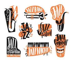 Collection of jazz music lettering written with creative font and decorated with various musical instruments isolated on white background - piano, drums, saxophone, trumpet. illustration vector