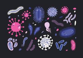 Bundle of infectious microorganisms isolated on black background. Set of harmful microscopic germs, pathogens, microbes. Collection of disease causing bacteria and viruses. Flat illustration vector