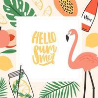 Square seasonal card template with Hello Summer lettering written with cursive font and decorated by foliage of jungle palm trees, exotic fruits, pink flamingo, tropical cocktail. illustration vector