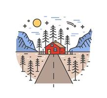 Beautiful landscape with highway leading to house in forest surrounded by spruce trees and mountains. Road trip or adventure travel location. Colorful illustration in modern line art style vector