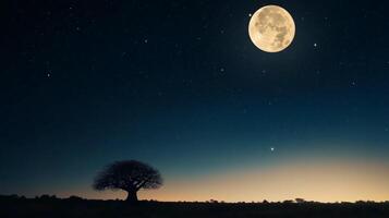 Full moon shines brightly over a tranquil landscape with a solitary tree at night in a serene environment photo