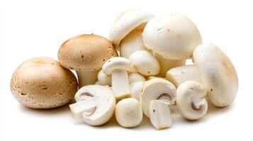 Fresh white mushrooms arranged together showcasing different sizes and shapes in a culinary setting photo