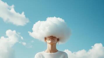 Creative person standing outdoors with cloud on head against a blue sky during daytime photo