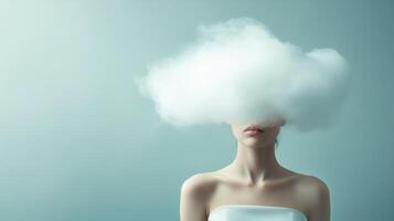 Dreamy representation of thoughts with a cloud covering the head in a serene atmosphere photo