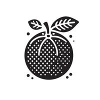 An orange with a leaf on it is shown in a black and white illustration vector