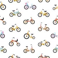 Modern seamless pattern with kids bicycles of various types. Colorful backdrop with bikes for children. illustration in flat cartoon style for wrapping paper, textile print, wallpaper vector