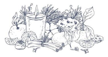 Tangerines with cotton, pine branches and cones, sweets, candle and spices. Graphic illustration hand drawn in black ink. Composition, sublimation, arrangement EPS . vector