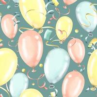 Festive, seamless pattern with balloons of yellow, blue and pink colors on a turquoise background. Watercolor illustration from a large set of HAPPY BIRTHDAY. For decoration and background vector