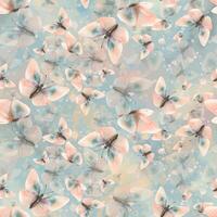 Delicate, flying, elegant butterflies in the trendy pastel color peach fuzz in a vintage style. Hand drawn watercolor illustration. Seamless pattern, repeating ornament on a blue background vector