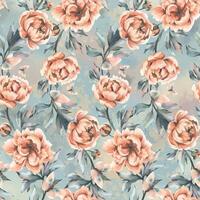 Beautiful peonies in peach fuzz color with leaves, buds and flying butterflies. Hand drawn watercolor illustration. Seamless pattern. vector