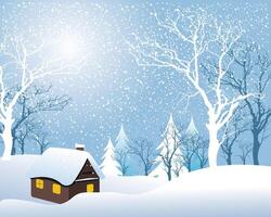 Cozy wooden cabin in a serene snowy landscape with trees and snowfall vector