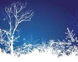 Frosty winter tree with elegant snowflakes and glowing stars on a gradient blue background vector