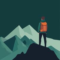 A Hiker Contemplates Breathtaking Mountain Scenery at Dusk vector