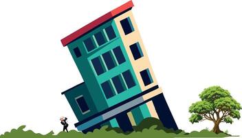 A man is standing on top of a building that is leaning over vector
