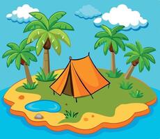 An island with a tent and palm trees vector