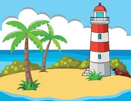 A cartoon lighthouse on an island with palm trees vector