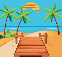 Wooden bridge over the beach with palm trees vector