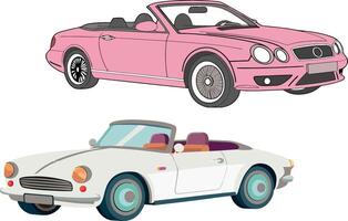 Two different types of cars, one is pink and the other is white vector