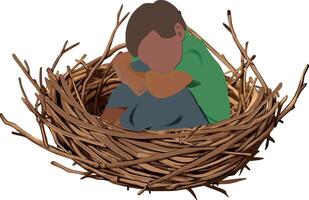 A boy is sitting in a nest with twigs vector
