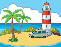 Lighthouse guiding ships on tropical island paradise with palm trees vector