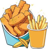 Fries and chicken nuggets in a bucket vector