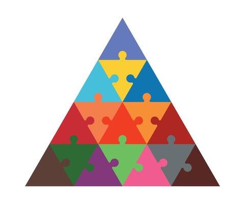 Triangle puzzle piece. Pyramid made of coloured triangular puzzle pieces. Creativity, inspiration, logical thinking.