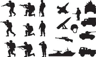 Silhouettes of soldiers and military equipment vector