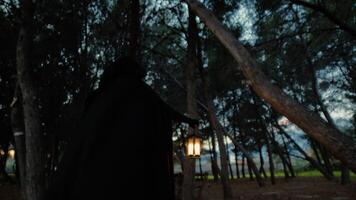 Mysterious Man Walking In The Woods With A Lantern video