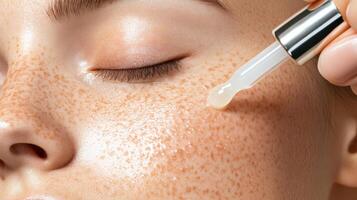 Skincare routine focuses on applying serum to nourished skin with visible freckles in a serene atmosphere photo