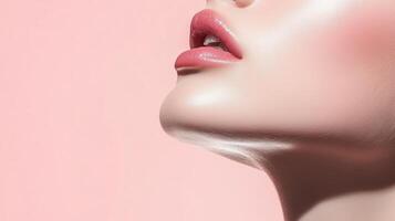 Beauty portrait showcasing smooth skin and chic lips against a soft pink background with elegant lighting photo