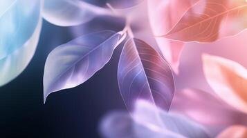 Colorful and translucent leaves illuminated by soft light against a dark background, creating a serene atmosphere photo