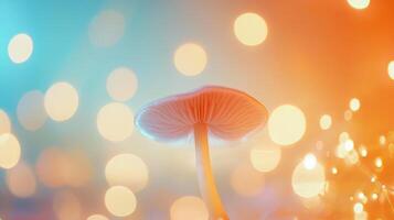 Unique mushroom illuminated by soft lights in a dreamy background at twilight photo