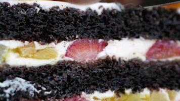Sliced chocolate cake with fruits and whipped cream video