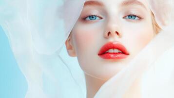 Beautiful woman with soft features posing gracefully with a sheer fabric overlay in a serene blue backdrop photo