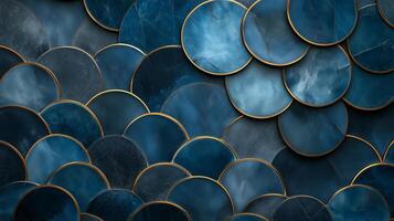 Colorful circular patterns in deep blue tones create a striking visual texture with gold accents photo