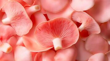 Fresh pink mushrooms arranged beautifully on a soft surface showcasing their delicate structure and color in natural light photo
