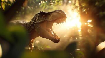 Dinosaur roams through dense jungle with sunlight filtering through leaves during early morning hours photo