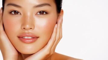 Beautiful woman with glowing skin gently touching her face while smiling in a soft-lit studio background photo