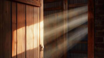 Light streams through an open wooden door in a rustic barn, creating a warm and inviting atmosphere photo