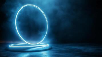 Circular neon light installation in a dark environment with glowing effects and mist photo