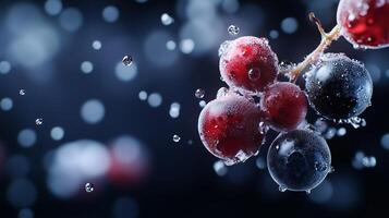 Droplets of water fall on ripe black and red berries illuminated in a dark setting, highlighting their freshness and vibrancy photo