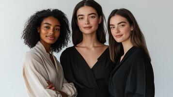 Three women showcase diverse beauty and style in a minimalist studio setting during a fashion photoshoot photo